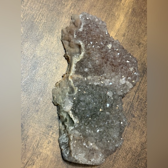 Large Crystal Cluster of Pink Chalcedony and Smoky Quartz Geode Slab - Picture 3 of 7